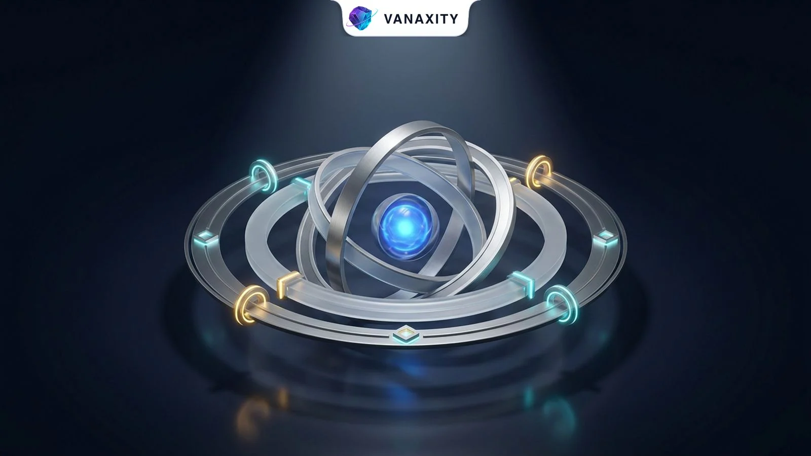 3D isometric tech illustration of interlocking gyroscope governance rings orbiting a blue agent core with audit gates.