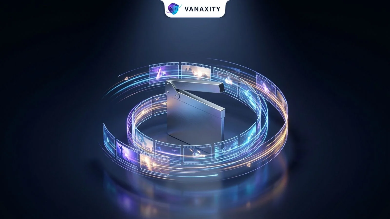 3D isometric tech illustration of a titanium film slate unfolding into a spiral of holographic video frames.