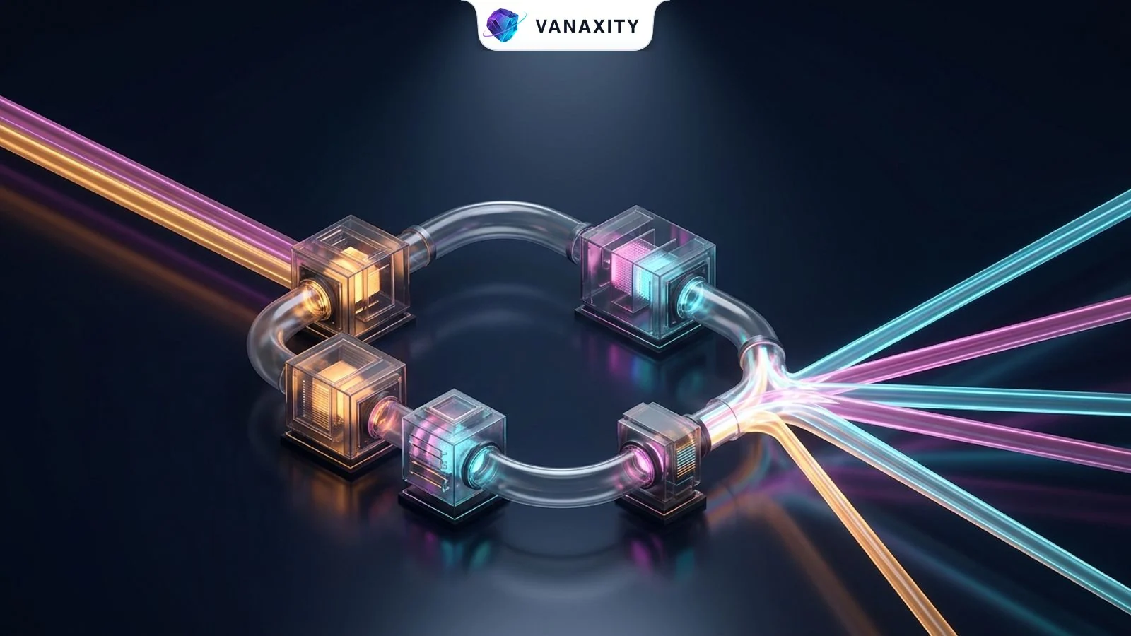 3D isometric tech illustration of an elegant transparent pipeline transforming campaign inputs into omni-channel light beams.