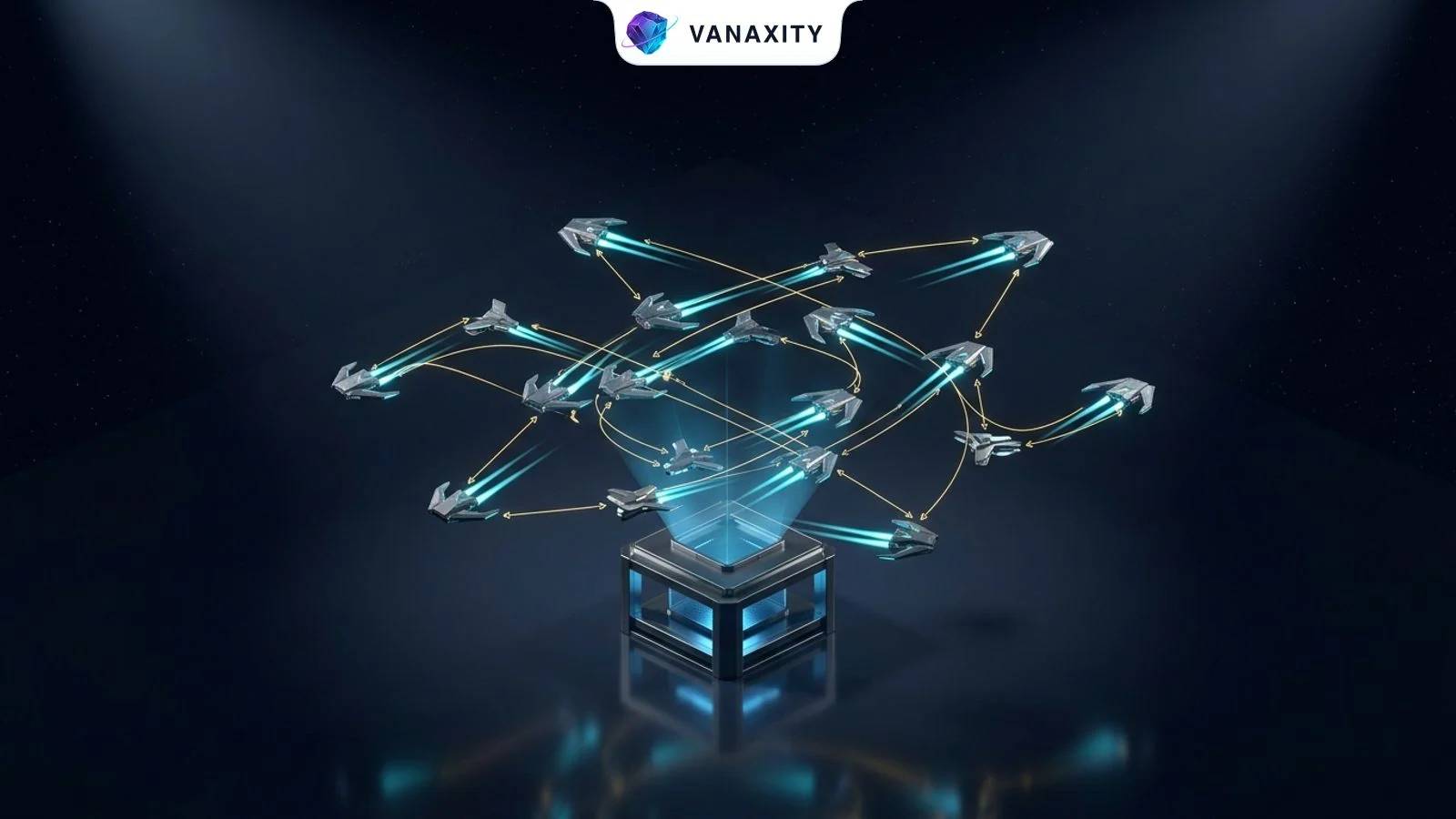 3D isometric tech illustration of a central control pedestal directing a synchronized fleet of autonomous agent drones.