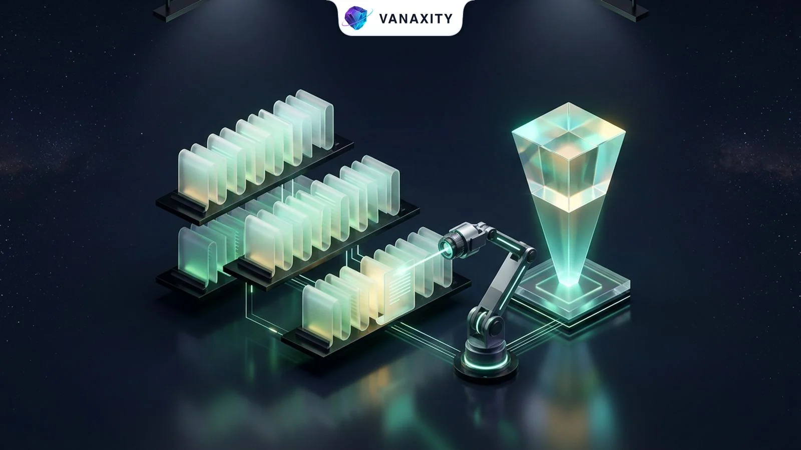 3D isometric tech illustration of an organized archive of illuminated glass document scrolls with a laser retrieval arm.