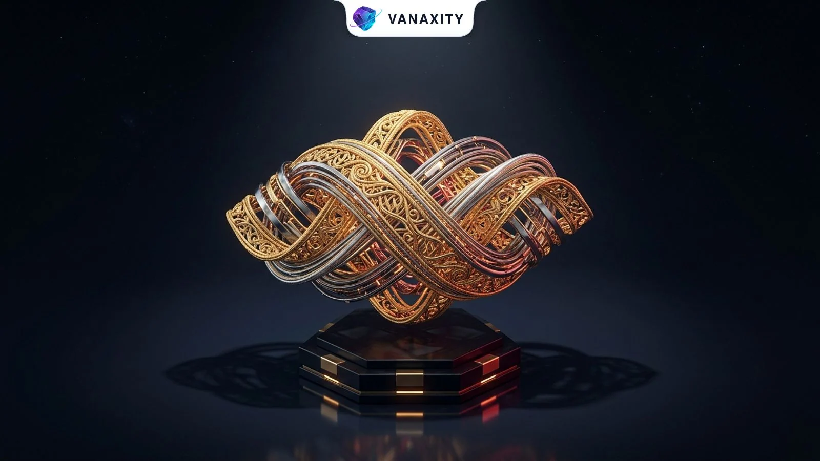 3D isometric tech illustration of an exquisite sculpture interlacing traditional golden zari filigree with cybernetic titanium fibers.