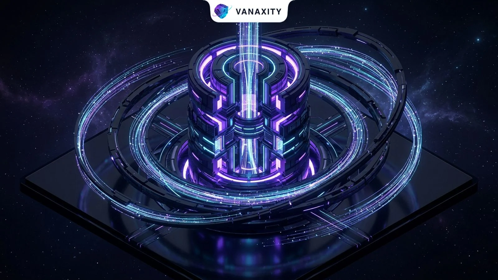3D isometric dark cosmic illustration of a central CRM data nexus surrounded by orbital answer engine rings funneling light streams.