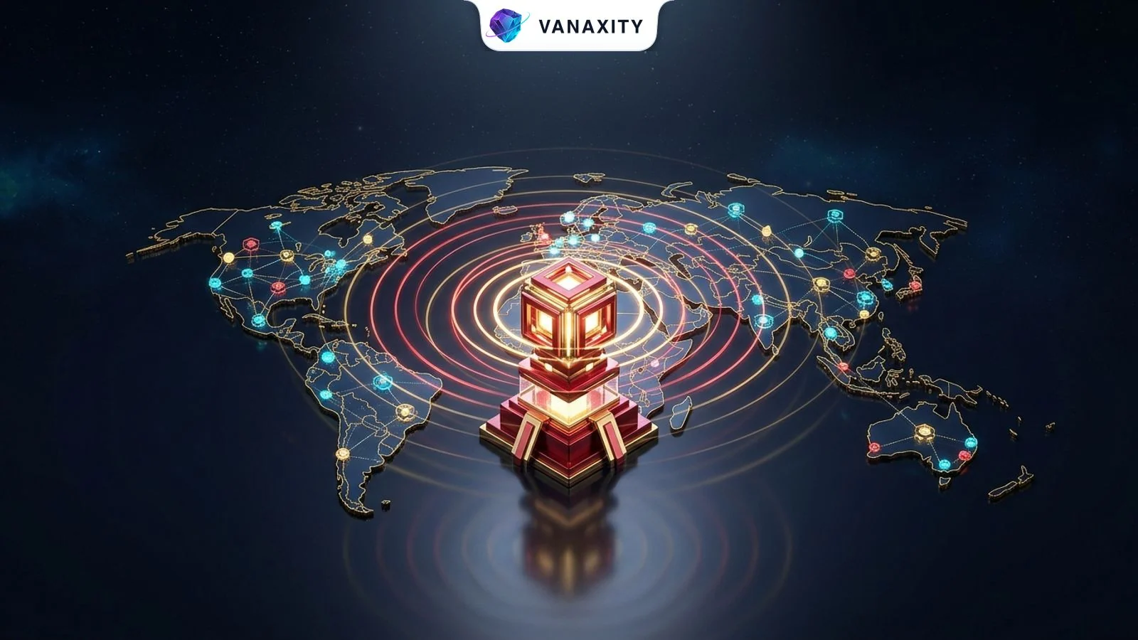 3D isometric tech illustration of a crimson and gold brand beacon broadcasting harmonic signal rings across a global network.