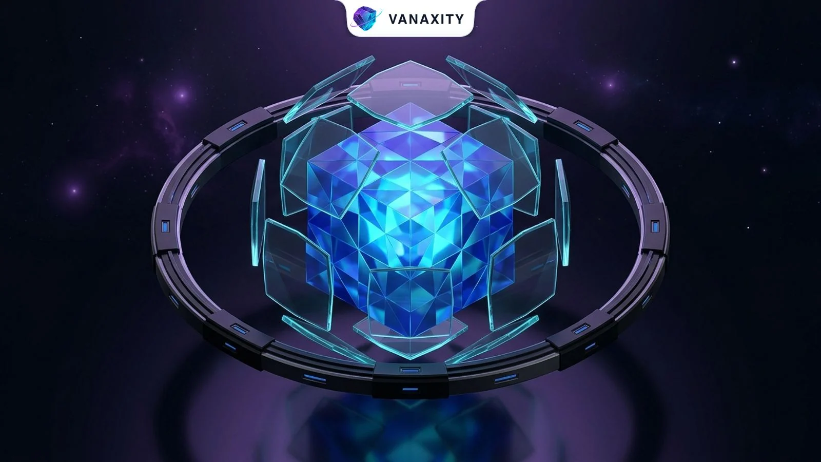 3D dark cosmic illustration of a glowing crystalline data vault protected by geometric energy shields within an orbital ring.