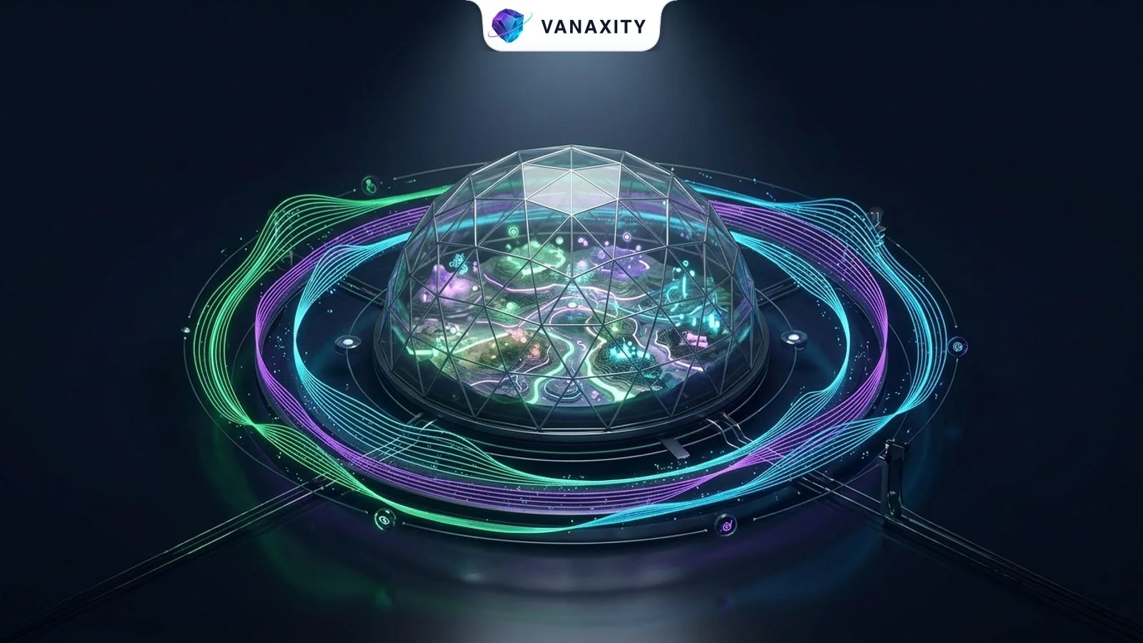 3D isometric tech illustration of a holographic landscape topology inside a glass dome with soundwave ribbons.