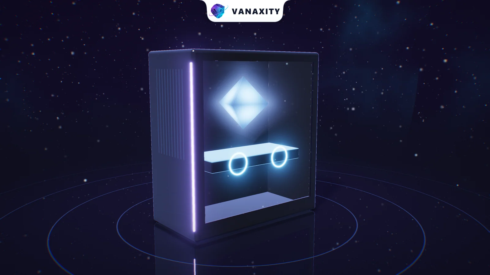 3D illustration of a workstation with a glass side, showing a graphics card with lit fans and a glowing crystal core above it.