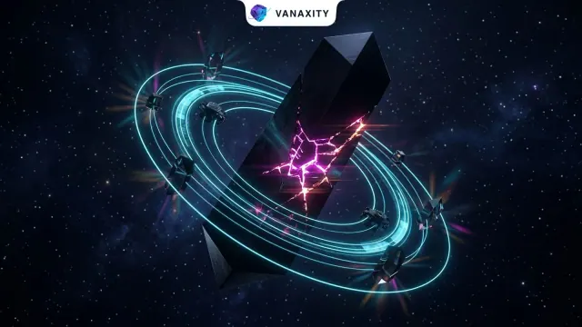 3D dark cosmic illustration of a fractured glowing holographic obelisk reflecting recurring light echoes into orbital surveillance rings.