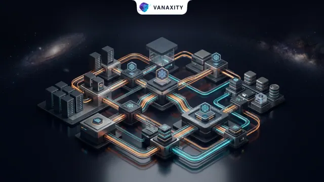 3D isometric tech illustration of modular cloud server blocks interconnected with high-throughput fiber-optic pipelines.