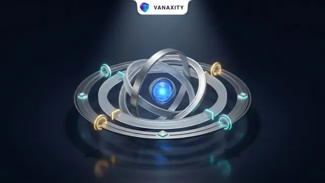 3D isometric tech illustration of interlocking gyroscope governance rings orbiting a blue agent core with audit gates.