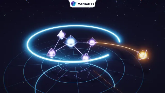 3D illustration of a ring of light keeping watch over a network of glass agents above a radar floor, with a gap in the ring through which one amber agent has drifted out.