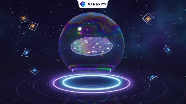 3D illustration of a silicon wafer of glowing chips held inside an iridescent soap bubble above a ring of light, with loose chips drifting around it.