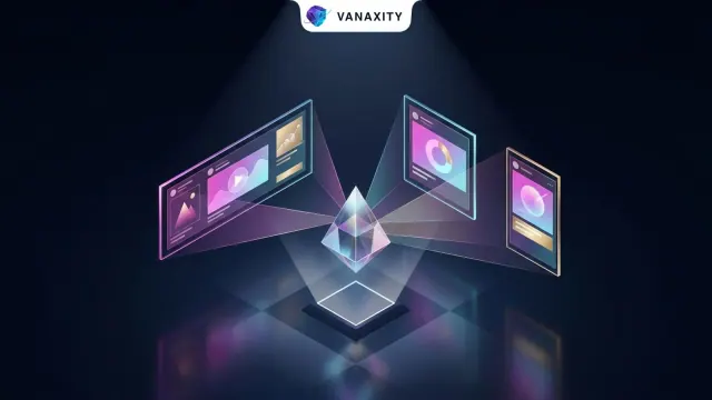 3D isometric tech illustration of a master crystal prism projecting synchronized holographic campaign aspect ratios.