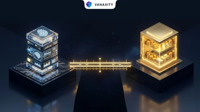 3D isometric tech illustration of two pedestals bridging an AI compute module and a revenue vault with a laser measuring caliper.
