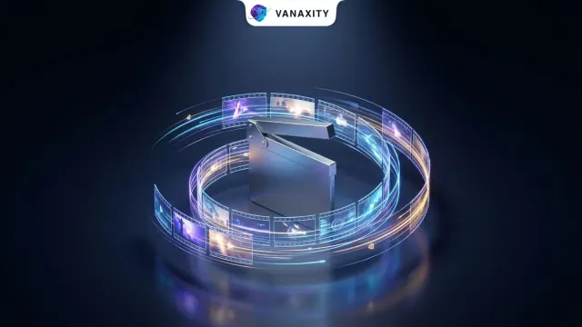 3D isometric tech illustration of a titanium film slate unfolding into a spiral of holographic video frames.