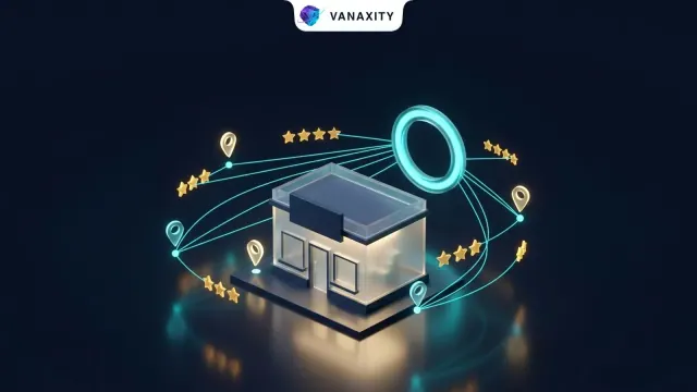3D isometric tech illustration of a stylized small storefront surrounded by golden review stars and citation vector lines.