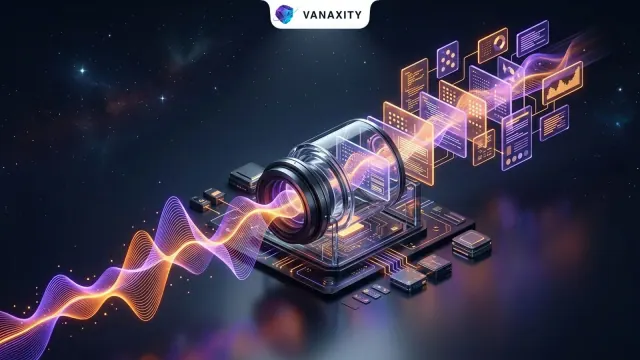 3D isometric tech illustration of an acoustic soundwave ribbon passing through an optical AI transcription lens.