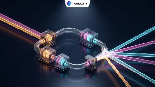 3D isometric tech illustration of an elegant transparent pipeline transforming campaign inputs into omni-channel light beams.