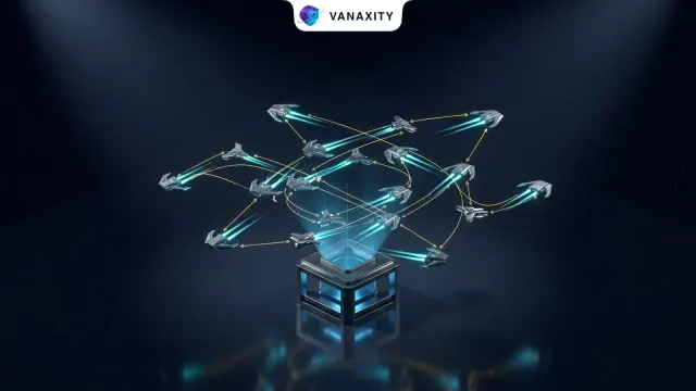 3D isometric tech illustration of a central control pedestal directing a synchronized fleet of autonomous agent drones.