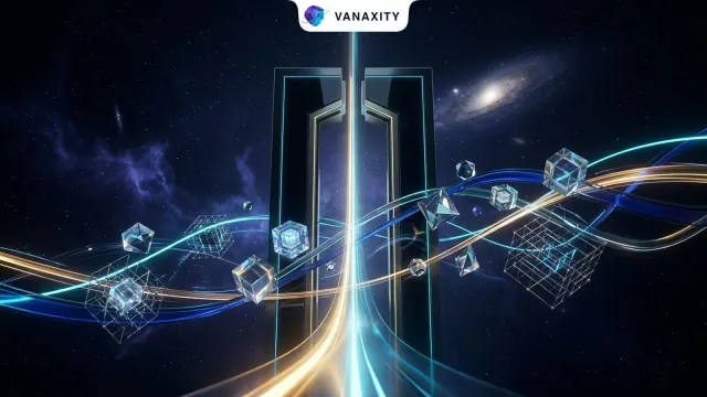 3D geometric dark cosmic illustration of an architectural executive governance gate monolith with floating crystalline metrics cubes, glowing revenue conduits, and an upward strategic vector beam.