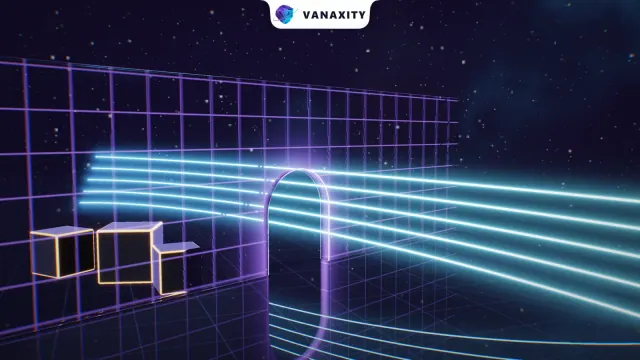 3D illustration of a glass wall with a lit grid and an open arch, a stream of light passing through the arch while crates edged in amber wait at the wall.