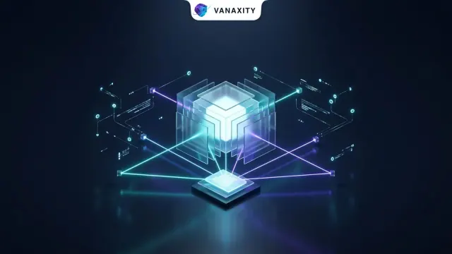 3D isometric tech illustration of an unfolding knowledge index cube with laser-guided citation beams.