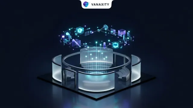 3D isometric tech illustration of an architectural pavilion emitting citation beacon nodes connecting to an orbital cloud layer.