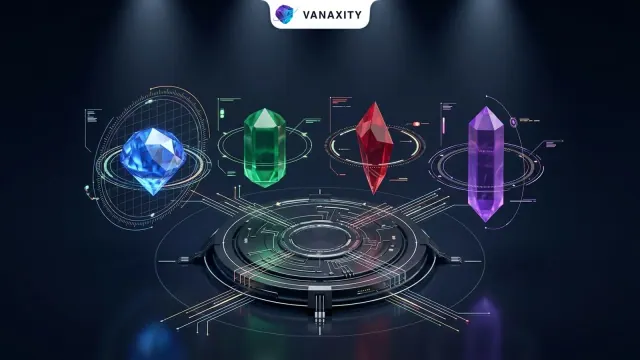 3D isometric tech illustration of a 4-way benchmark pedestal comparing sapphire, emerald, ruby, and violet crystals.