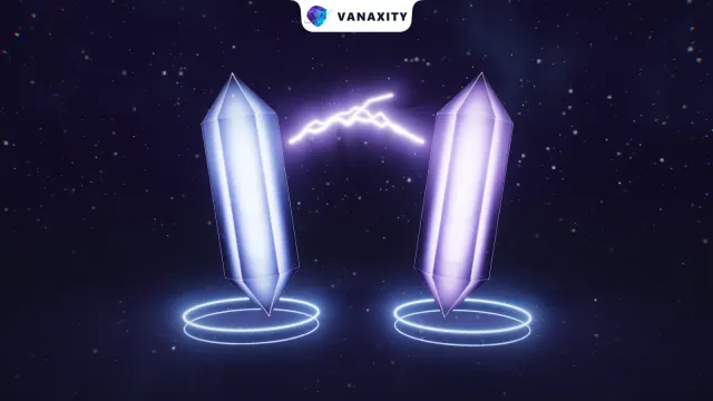 3D illustration of twin glass crystals standing on rings of light, a violet arc of plasma leaping between them.