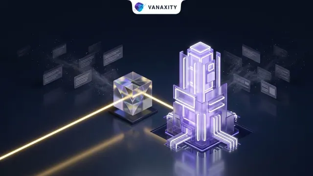 3D isometric tech illustration of an optical prism synthesizing an answer monument from search light.