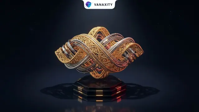 3D isometric tech illustration of an exquisite sculpture interlacing traditional golden zari filigree with cybernetic titanium fibers.