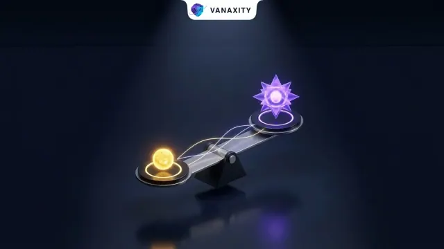 3D isometric tech illustration of a titanium balance scale weighing an efficient solar core against an astral star cluster.