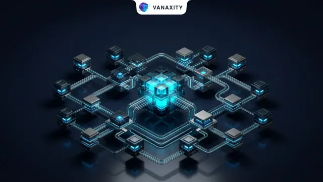 3D isometric tech illustration of headless enterprise CRM crystal monolith and modular API microservice nodes.