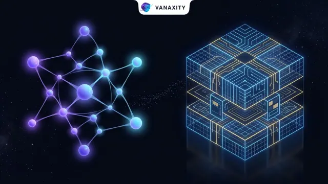 3D isometric dark cosmic illustration comparing a fluid topological node map with a rigid crystalline data grid.