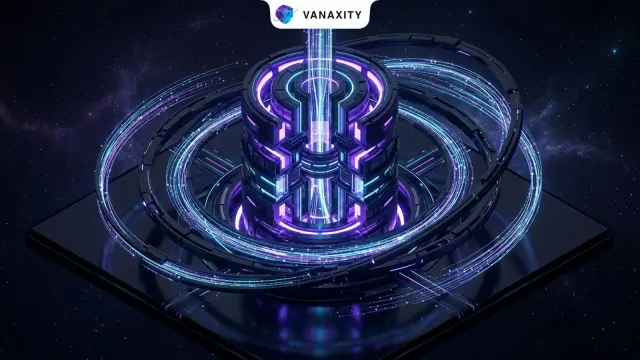 3D isometric dark cosmic illustration of a central CRM data nexus surrounded by orbital answer engine rings funneling light streams.