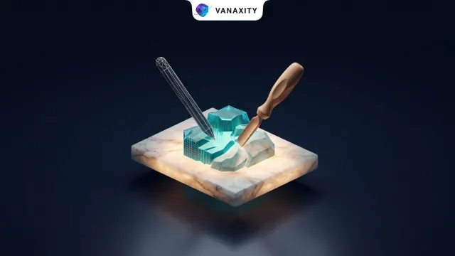 3D isometric tech illustration of a wireframe stylus and sculptured chisel carving natural facets into a marble manuscript.