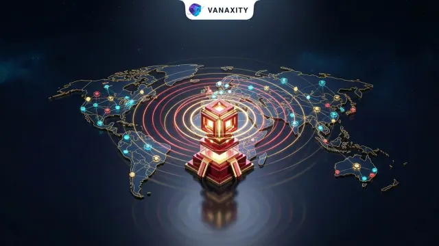 3D isometric tech illustration of a crimson and gold brand beacon broadcasting harmonic signal rings across a global network.