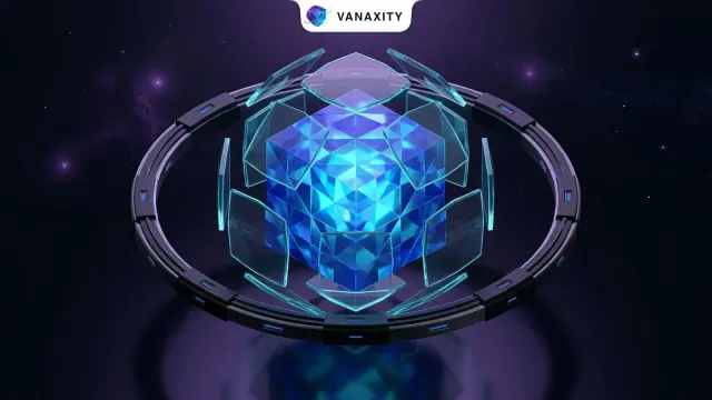 3D dark cosmic illustration of a glowing crystalline data vault protected by geometric energy shields within an orbital ring.