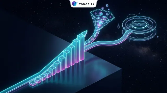 3D isometric tech illustration showing an ascending energy price trajectory splitting into automated creative channels and orbital search visibility.