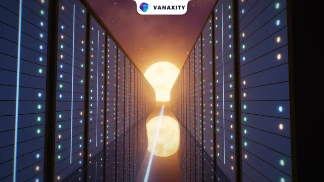 3D illustration of an aisle between two rows of server racks with status lights, leading to a burning sphere of fire at the far end.