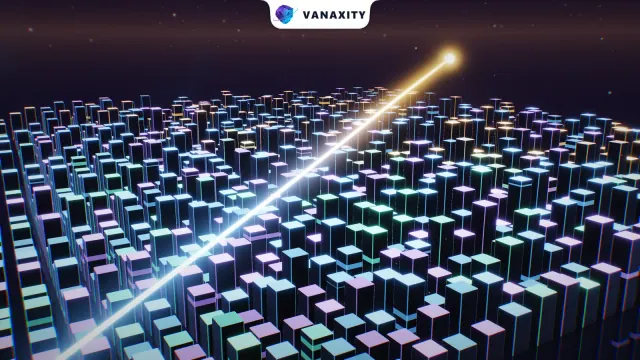 3D illustration of a city of lit columns, one per advertiser, rising towards the horizon while a gold ribbon of light sweeps up over it to a bright point.