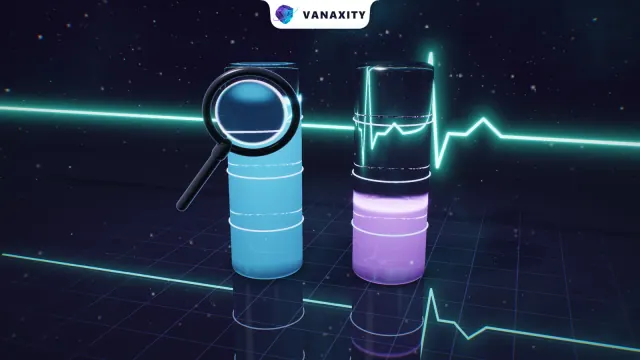 3D illustration of two glass vials lit from within to 83% and 36%, a magnifying glass held to the 83% level and a heartbeat line running behind them.