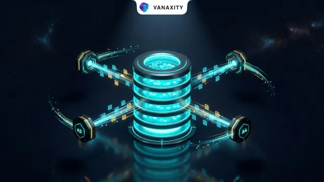 3D isometric tech illustration representing multi-agent orchestration on a shared cloud storage layer.