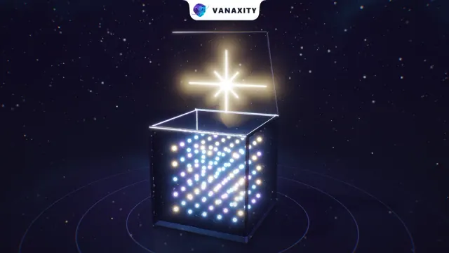 3D illustration of an open glass box filled with a lattice of lit nodes, a bright spark rising out of it.