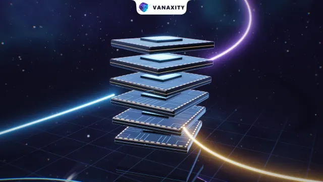 3D illustration of a twisting stack of GPU chip packages with lit dies and traces, and three streams of light flowing into it from different sides.