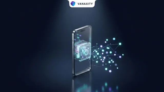 3D isometric tech illustration of a translucent titanium smartphone securing personal data with a cryptographic vault.