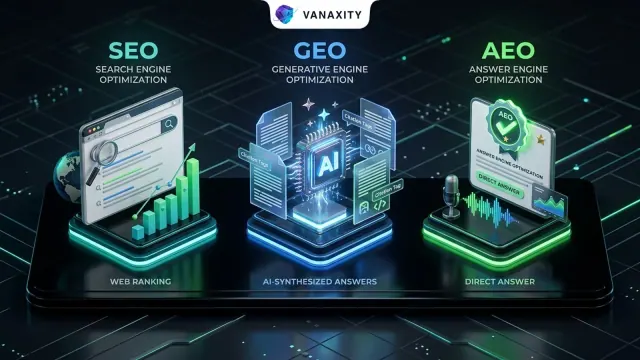 SEO, GEO and AEO side by side: web rankings, AI-synthesized answers and direct answers