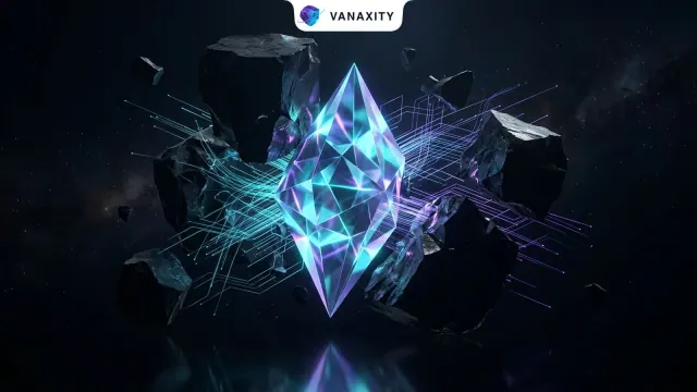 3D geometric dark cosmic illustration of an agile luminous prism cutting through dense monolithic structures with radiating neural pathways.