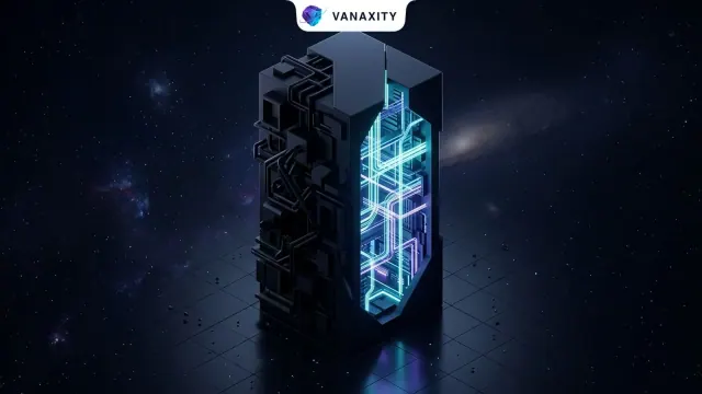 3D isometric dark cosmic illustration of a server monolith contrasting a luminous server-rendered core with dormant architectural conduits.