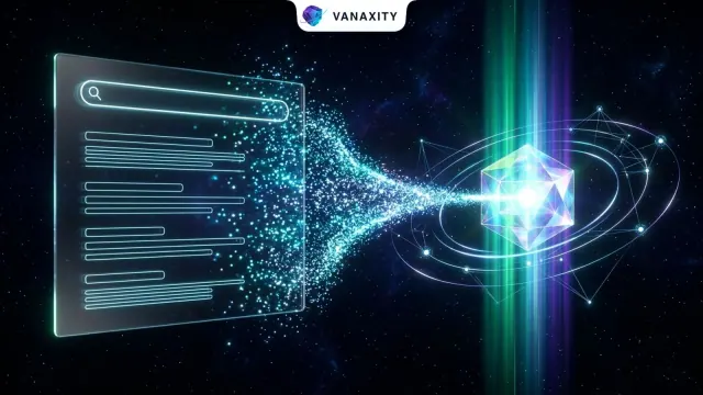 A classic search results page dissolving into particles that converge on a glowing crystal inside an orbiting network.
